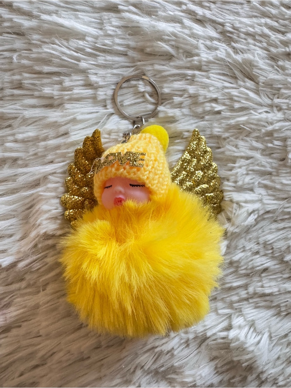 Yellow Angel baby Pom-Pom Keychain bag charm with gold wings